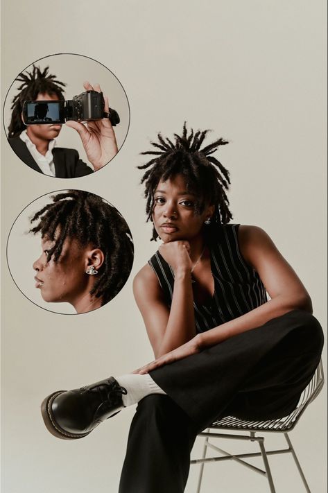 Black woman on locs in an all-black outfit wearing a Doc Martens and socks in a studio photoshoot picture. Photoshoot Studio Ideas, Studio Portrait Photography, Photoshoot Studio, Creative Photoshoot Ideas, Winter Photoshoot, Black Photography, Beauty Photoshoot, Graduation Photoshoot, Hair Brands