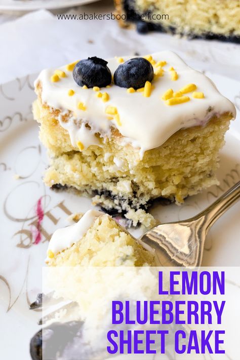 The ultimate summer cake, Lemon and Blueberry Sheet Cake is an easy recipe you’re going to love. Topped with tangy cream cheese and sour cream frosting, this cake stays moist for days! Lemon Blueberry Sour Cream Cake, Lemon Blueberry Sheet Cake, Blueberry Sheet Cake, Blueberry Sour Cream Cake, Blueberry Yogurt Cake, Sour Cream Frosting, Unfrosted Cake, Lemon And Blueberry, Sheet Cake Recipe