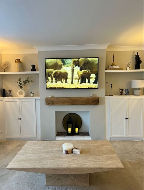 Wall Mounted Tv Chimney Breast, Small New Build Living Room Ideas, Natural Hessian Living Room, Tv On Chimney Breast, Log Burner Living Room No Fireplace, Tv On Chimney Wall Ideas, Tv On Chimney Wall, Small Fireplace Living Room, Living Room Chimney Breast