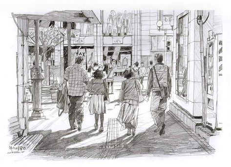 Masato Watanabe 2018 Busy Street Sketch, Location Sketch, Pen Shading, Poetry Chapbook, People In Public, Street Sketch, Sketching People, Sketch Landscape, Perspective Sketch