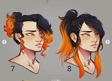 Black And Orange Hair, Long Hair Drawing, Fire Hair, Anime Hair, Hair Reference, Woman Drawing, Black And Orange, Orange Hair, Character Design References