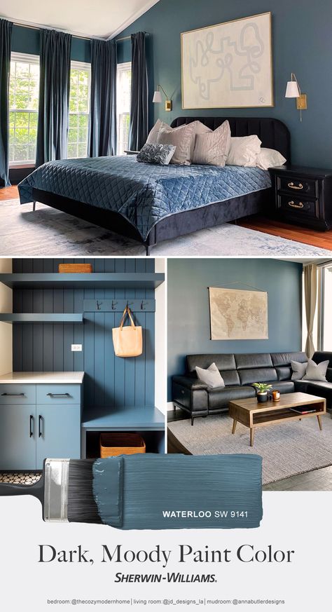 If you're looking for a muted blue paint color for a bedroom, living room, or mudroom, try Waterloo SW 9141 from Sherwin-Williams. Tap this pin to order a free color chip and we'll mail it to your door, or stop by your nearest Sherwin-Williams store to pick up everything you need to start your DIY painting project. #sherwinwilliams #diy #homedecor #paint #interiordesign #diyprojects #homeimprovement #renovation #bluepaint #blue Waterloo Living Room, Muted Living Room Colors, Waterloo Sherwin Williams Accent Wall, Waterloo Sherwin Williams Living Room, Sherwin Williams Waterloo Bathroom, Best Blues Sherwin Williams, Sherwin Williams St Barts, Blue Green Office Paint, Waterloo Paint Color