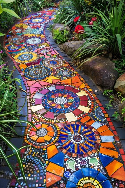 boho garden pathway with mosaic patterns Colorful Tiles, Hippie Garden, Bohemian Garden, Mosaic Garden Art, Water House, Garden Stepping Stones, Stone Walkway, Stone Pathway, Garden Walkway