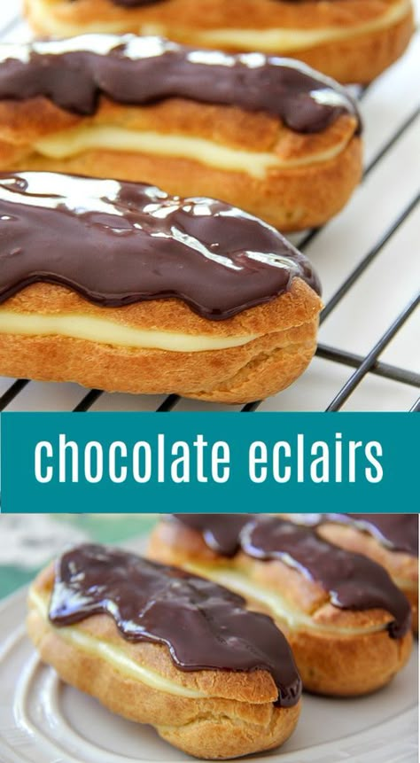 Eclairs Recipe, Chocolate Eclair Recipe, Eclairs Dessert, Chocolate Eclairs, Eclair Recipe, Eclair Cake, Chocolate Eclair, Plating Ideas, Cream Puff