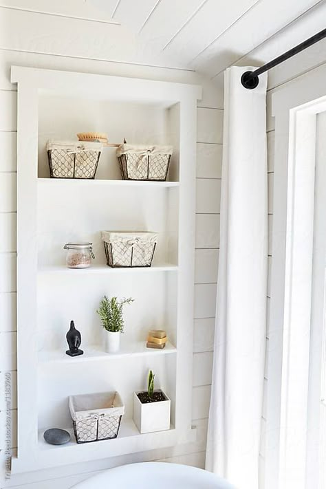 Bathroom With Wall Shelves, Built In Shelves In Bathroom Wall, Recessed Wall Shelves Bathroom, Diy Recessed Shelves Bathroom, Niche In Bathroom Wall, Bathroom Shelving Above Toilet, Recessed Shelves Above Toilet, Bathroom Wall Niche Recessed Shelves, Shelves In Bathroom Wall Shelves