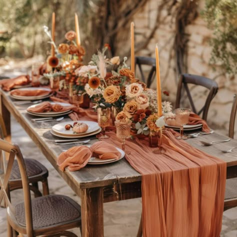 CHOOSE FROM 6/12/24/36-Pack EXTRA WIDE TERRACOTTA  CHEESECLOTH TABLE RUNNERS 35 INCHES IN WIDTH AND 10FT LONG. Transform your event tables into works of art with our exquisite 6/12/24/36-Pack Terracotta Cheesecloth Gauze Table Runners 🌹. Each runner stretches a generous 10 feet in length and 21.5 inches in width, perfectly draping over tables that seat 8-10 guests. Made from 100% natural cheesecloth fabric, these runners are soft, durable, and elegantly designed with delicate stitching to preve Fall Wedding Tables, Rustic Table Runners, Orange Table, Table Runners Wedding, Farmhouse Wedding, Boho Wedding Decorations, Thanksgiving Table Decorations, Orange Wedding, Western Wedding