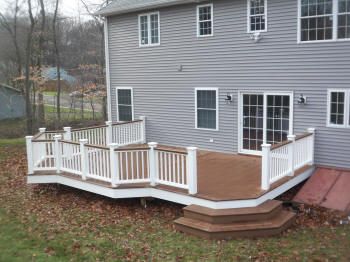 before and after pictures from Deck Specialists Inc Light Blue Houses, Landscaping Around Deck, Outdoor Deck Decorating, Tub Deck, White Pergola, Vinyl Railing, Deck Makeover, Deck Pictures, Deck Colors