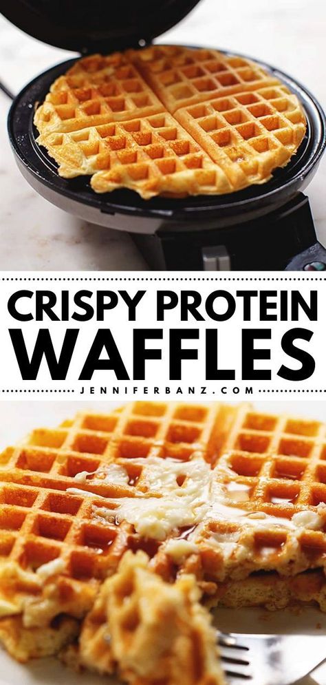 High protein waffles with 41 grams of protein! They're a perfect brunch idea. Not only are these protein powder waffles healthy, but they are also deliciously crispy and fluffy! Plus, 4 ingredients are all you need for this easy breakfast recipe! Savory Protein Waffles, Premier Protein Waffles, Food High In Protein Low In Carbs, Vanilla Protein Waffles, High Protein Waffles Greek Yogurt, Caloric Deficit Breakfast, Real Food Breakfast Ideas, Arbonne Waffle Recipe, Best Protein Waffle Recipe