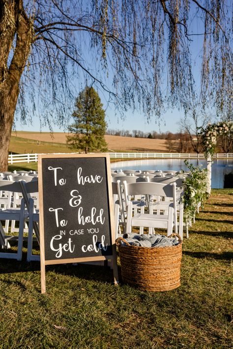 Cold Wedding Ideas, Bonfire Wedding Ceremony, Blanket At Wedding Sign, To Have And To Hold Blankets, Snuggle Up Wedding Blankets, To Have And To Hold Incase You Get Cold, Blankets At Wedding, Ceremony Blankets Outdoor Weddings, Wedding Blankets For Guests