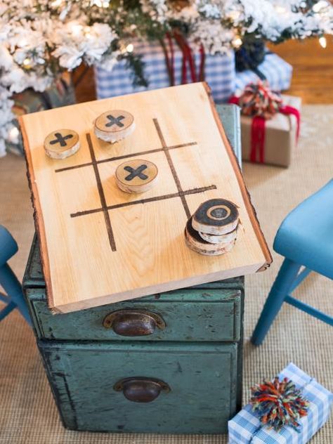 With family gathered for holiday festivities, it's the perfect time to pull out board games. This homemade wood tic-tac-toe set is fun for all ages and makes a thoughtful handmade gift. Homemade Board Games, Pencil Crafts, Tic Tac Toe Board, Wood Projects For Kids, Christmas Gifts To Make, Decoration Stickers, Diy Farmhouse Decor, Kids Wood, Tic Tac Toe