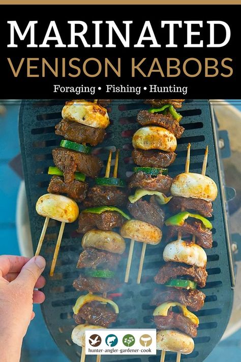 Eating venison in high summer usually means grilling. And while I prefer a perfectly grilled venison backstrap, I seem to run out of it long before I eat the rest of the deer. Venison kebabs are perhaps the best summertime thing to cook with meat from the hind legs of the deer. And after all, who doesn’t love to eat a good kabob? | @huntgathercook #hankshaw #venisonrecipes #howtocookvenison #vanisonkabobs #deerhunting #grilledvenisonrecipes Venison Kabobs, Marinated Venison, Grilled Venison, Kabob Marinade, How To Cook Venison, Venison Backstrap, Deer Recipes, Grilling Kabobs, Kebabs On The Grill