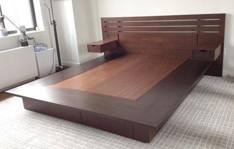 #Bed designed by #InsideWright, it was inspired by #FrankLloydWright's #Fallingwater house in Pennsylvania #interiordesign #furnituredesign #furniture #interiordecor #bedroomdesign #bedroomdecor Build Bed Frame, Fallingwater House, Sleeping Room Design, Bed Frame Plans, Bedroom Pop Design, Furniture Craft, Box Bed Design, Black Bedroom Design, Diy Platform Bed