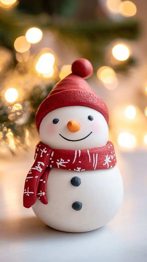 Close-up of a clay snowman ornament in a red hat and scarf, set against blurred Christmas lights on a white table. Snowman Pottery, Pottery Christmas Ornaments, Polymer Clay Winter, Snowman Clay, Pottery Snowman, Cozy Christmas Aesthetic, Clay Snowman, Pottery Christmas, Pottery Ornaments