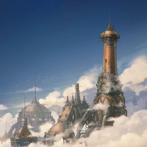 Castle Exterior, Sci Fi Tech, Steampunk Design, Architecture Exterior, In The Clouds, 2d Art, Dieselpunk, Sci Fi Fantasy, Fantasy Artwork