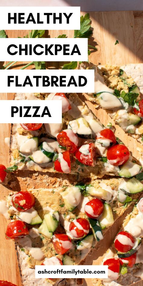 Photo of chickpea flatbread with text that reads "healthy chickpea flatbread pizza." Chickpea Flatbread Recipe, Healthy Flatbread Recipes, Herb Flatbread, Healthy Flatbread, Chickpea Flatbread, Vegan Flatbread, Tomatoes And Cucumbers, Flatbread Recipe, Flatbread Recipes