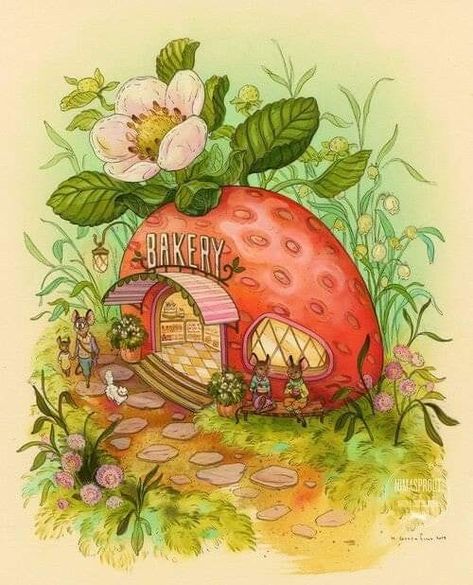 Gnome Drawing Illustration, Fruit House, Strawberry House, Bulletin Journal, House Concept, House Series, Storybook Art, Fantasy Drawings, Environment Art