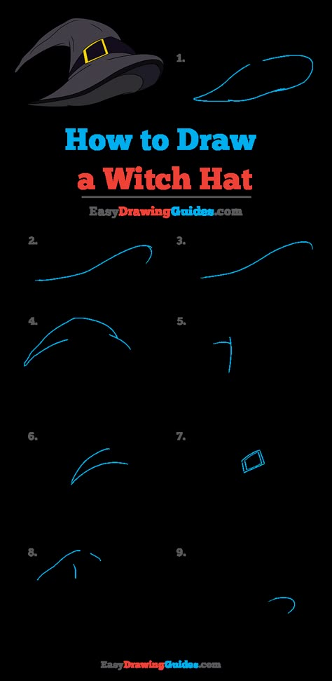 Witch Hat Drawing, Draw A Witch, Hat Drawing, Cartoon Witch, Wicked Costumes, Witch Drawing, Easy Drawing Tutorial, Drawing Lesson, Drawing Cartoon Characters