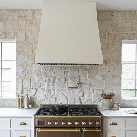 Minimal French Country, Natural Stone Backsplash Kitchen, White Stone Backsplash, Stone Kitchen Hood, Stone Range Hood, Anna King, Natural Stone Backsplash, Kitchen Hood Design, Stone Backsplash Kitchen