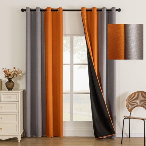 PRICES MAY VARY. 💗100% BLACKOUT: Finely crafted from high quality polyester fabric. These amazing solid curtain panels are sewn with black lining and absolutely block 100% sunlight, prevent 100% UV rays, reduce noise and give you 100% privacy. The best part is that they give you a real darkness for a good night sleep during the day! 💛 SIZE AND PACKAGING: Set includes 2 pieces of 52x96 inch blackout curtains. Each curtain has 8 grommets with an inner diameter of 1.6 inches (4 cm) and an outer d Gray And Burnt Orange Living Room, Grey And Orange Living Room Ideas, Orange Grey Bedroom, Burnt Orange And Grey Living Room, Orange And Gold Living Room Decor, Grey And Burnt Orange Living Room, Orange Apartment Decor, Gray And Orange Living Room Ideas, Orange And Gray Living Room