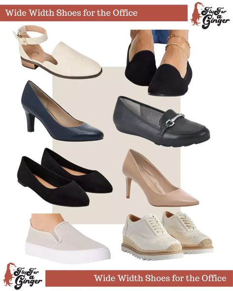 Wide Width Shoes for the Office Cheap Office Flats For Fall, Comfortable Women’s Work Shoes, Office Dress Shoes With Rubber Sole, Almond Toe, Medium Width Leather Office Shoes, Leather Heels For Office, Medium Width, Womens Wide Shoes, Feminine Shoes, Wide Width Shoes, Wide Shoes