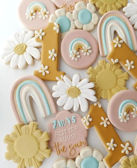 1st Trip Around The Sun, Sunshine Cookies, Sunshine Birthday Parties, Rainbow First Birthday, Daisy Party, First Trip Around The Sun, 1st Birthday Party Invitations, Rainbow Cookies, Sunshine Birthday