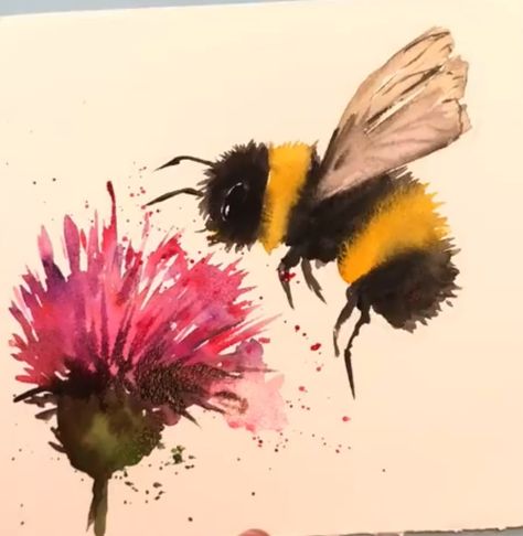 Bee On Flower Watercolor, Abstract Bee Art, Watercolour Bees, Bumble Bee Drawing, Watercolor Bumble Bee, Bumble Bee Painting, Bumble Bee Art, Bee Artwork, Bee Drawing