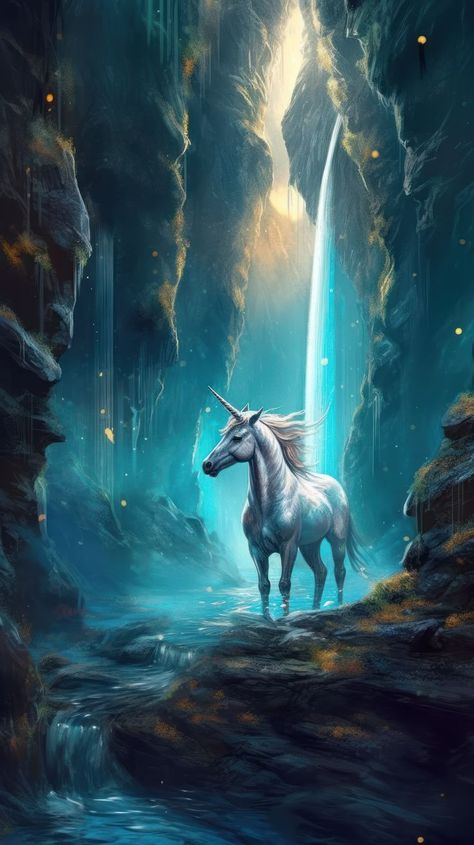 Unicorn with waterfall Phone Wallpaper Forest With Waterfall, Wallpaper Awesome, Forest Fairytale, Greek Monsters, Fairytale World, Android Backgrounds, Fantasy Horses, Backgrounds Aesthetic, Unicorn Wallpaper