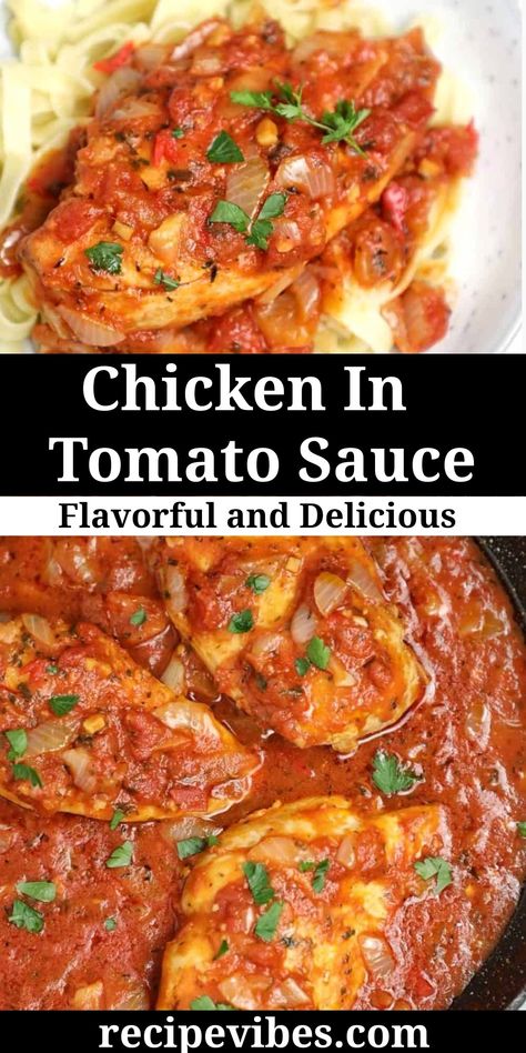 Skillet Chicken in tomato sauce recipe! This chicken breast in tomato sauce is packed full of flavor, moist, tender, healthy, easy, and quick. You can also use chicken thighs for this simple 30 minutes recipe. Chicken In Tomato Cream Sauce, Red Sauce Chicken Recipes, Red Sauce Chicken Spaghetti, Tomato Sauce Chicken Recipes, Chicken Crushed Tomatoes Recipe, Chicken Thigh Recipes With Tomatoes, Chicken Tomato Sauce Recipes, Chicken And Canned Tomato Recipes, Chicken And Red Sauce Recipes