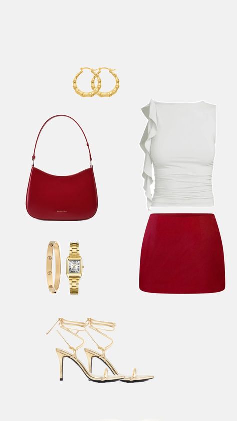 Fancy woman’s outfit: burgundy red & white with gold accents. Red White And Gold Outfit, Red And Gold Clothes, Gold And Red Outfit, Red Top White Skirt, Red And White Stage Outfit, Golden Outfit, Disco Outfit, Formal Attire, Red Accents