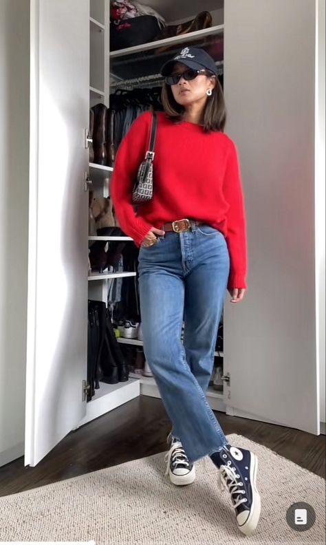 Casual Red Shirt Outfit, Red Sweater Jeans Outfit, Spring Outfits With Converse, Red Cardigan Outfit Korean, Red Shirt Blue Jeans Outfit, Sweater Rojo Outfit, Red Spring Outfit, Outfit Sueter Rojo, Light Blue Striped Shirt Outfit