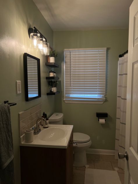 Sage Green Restroom, Sage Green And Black Bathroom, Bathroom Esthetics, Sage Green Bathroom Walls, Green Guest Bathroom, Sage Green Bathroom Ideas, Sage Green Bathroom, Green Bathroom Decor, Brown Rooms