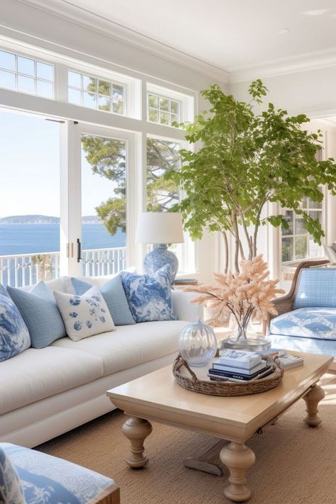 Blue And Green Beach Decor, White Living Room Blue Accents, Beach House Aesthetic Coastal, Coastal Grandaughter Living Room, Holiday Home Aesthetic, Coastal Beach House Interiors Living Room, Italian Coastal Home, Bright Coastal Decor, Italian Coastal Decor