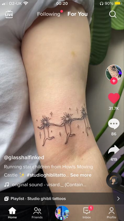 Stars Howls Moving Castle, Kodama Tattoo, Howl's Moving Castle Tattoo, Small Dope Tattoos, Studio Ghibli Tattoo, Castle Tattoo, Spirit Tattoo, Ghibli Tattoo, Anklet Tattoos