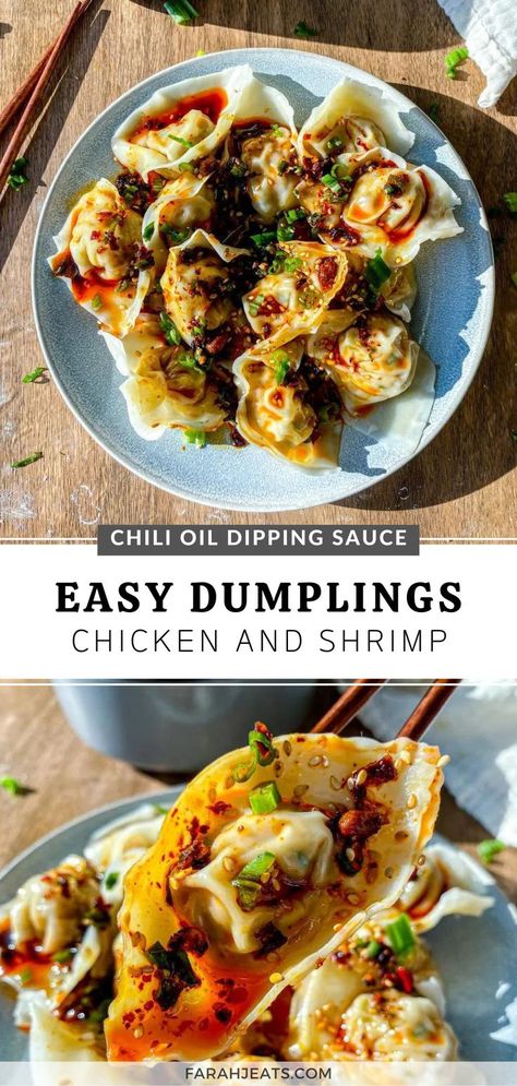 Top photo is of chicken and shrimp dumplings topped with chili oil sauce and green onions, served on a blue plate. Next to the plate is a pair of wooden chopsticks. Bottom photo is of a piece of dumpling held up to the camera with a pair of wooden chopsticks. Shrimp Potstickers Recipe, Korean Food Side Dishes, Easy Dumplings, Easy Dipping Sauce, Shrimp Dumplings, Homemade Chinese Food, Wonton Recipes, Chinese Cooking Recipes, Easy Asian Recipes