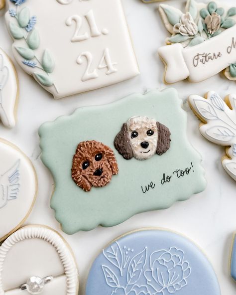 This sweet bridal shower set was winning the polls, so here’s the full set! Swipe to see closeups, including their sweet pups!. My favorite are the simple cookies with the tiny line details. The blue with the white floral, leaf cookie, and the birds were from her invitation! I love this elegant, minimalist, and floral set! . #weddingcookies #bridalshowercookies #bridecookies #floralcookies #flowercookies #somethingbluebridal #bluewedding #springcookies #engagementcookies #ringcookies #dogcoo... Puppy Love Bridal Shower Theme, Custom Dog Cookies Wedding, Blue And White Bridal Shower Cookies, Puppy Decorated Cookies, Wedding Favor Royal Icing Cookies, Lindsay Johnson, Bride Cookies, Biscuit Wedding Favours, Wedding Ocean