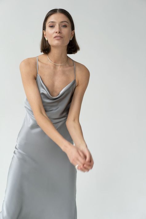 Silk Dress Bridesmaid, Bridesmaid Dress Silk, Slip Dress Midi, Date Dress, Silk Satin Dress, Silk Dresses, Gray Silk, Grey Dress, Silk Slip Dress