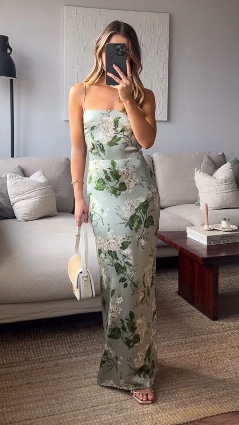 Frankie Silk Dress curated on LTK Green Floral Satin Dress, City Wedding Guest Outfit, Italian Wedding Guest Dress, Green Floral Bridesmaid Dresses, Italian Theme Wedding, Frankie Silk Dress, Hydrangea Dress, Silk Formal Dress, Green Dress Outfit