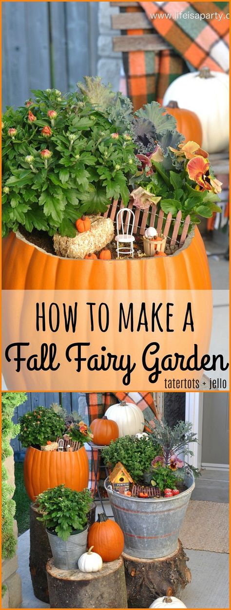 Fairy Garden Easy, Fall Fairy Garden, Winter Fairy Garden, Pumpkin Fairy House, Halloween Fairy Garden, Fall Fairy, Fairy Garden Crafts, Fairy Garden Designs, Halloween Fairy