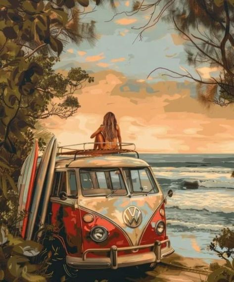 Van Life Painting, Outer Banks Painting Ideas On Canvas, Outer Banks Painting, Volkswagen Bus Painting, Vw Bus Painting Canvas, Trippy Beach Painting, Retro Bus, Vw Porsche, Travel Board