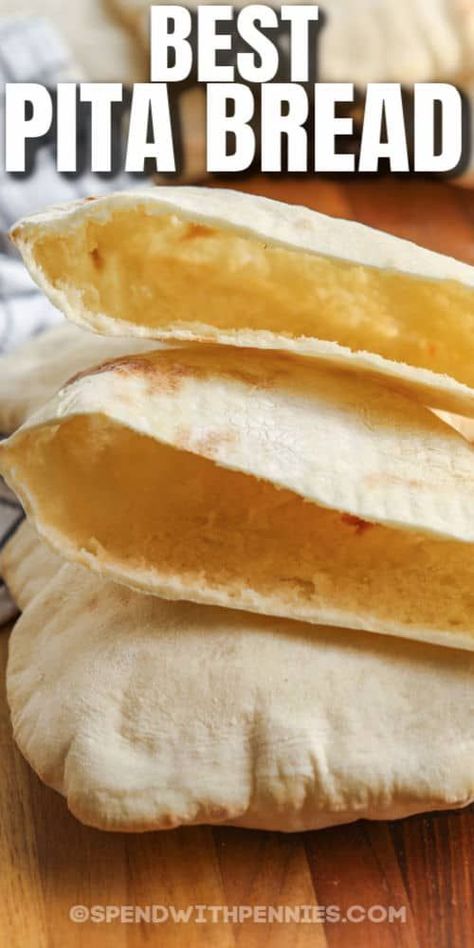 Homemade pita bread is easy to make and perfect for sandwiches and wraps. Soft and chewy pita bread bakes up quickly in the oven for warm and fresh snacking bread. #spendwithpennies #homemadepitabread #bread #recipe #easy #howtomake #best #greek #easy #quick #healthy #wholewheat Pita Bread Healthy Recipes, Recipe For Pita Bread, Best Pita Bread Recipe, Flat Breads Recipe Easy, Pita Bread Recipe Quick, Pita Bread Fillings, Pita Bread Recipes, Easy Pita Bread Recipe, Pitta Bread Recipe