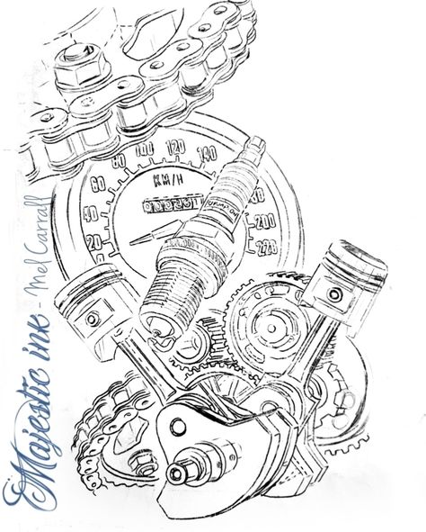 Motorcycle Theme Tattoo, Harley Tattoo Design, Engine Tattoo Mechanical, Speedometer Tattoo, Mechanic Tattoo Design, Mechanical Sleeve Tattoo, Harley Tattoo, Piston Tattoo, Engine Tattoo