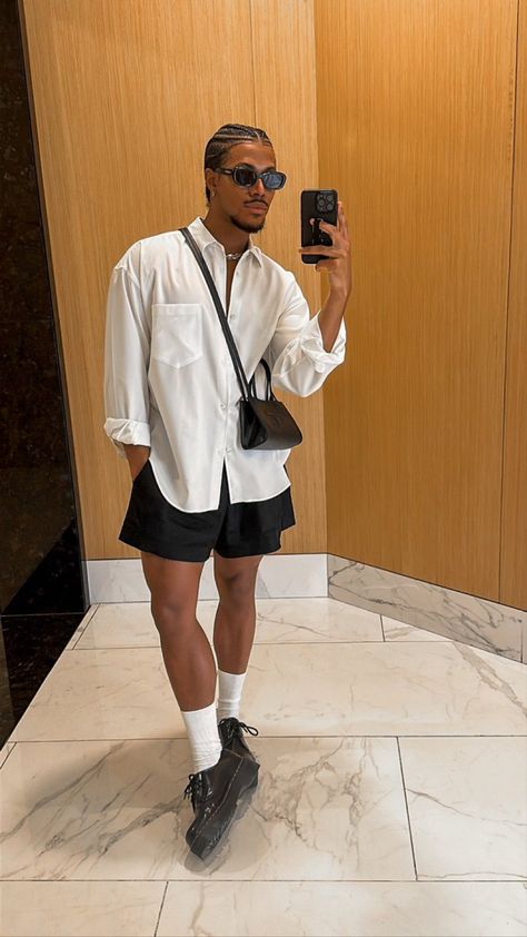 Dr Martin Low Outfit Men, Men Chic Summer Outfit, Black Shirt And Black Shorts Outfit, Nonbinary Mens Fashion, Men’s Clothing Aesthetic Summer, Doc Martens With Shorts Men, White Button Up Summer Outfit, Mens White Button Down Outfit, Men Date Night Outfit Summer