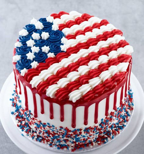 Whipped Creme Decorated Yellow Cake Red White And Blue Drip Cake, 4th Of July Decorated Cakes, Labor Day Cakes Ideas, Veterans Day Cake Ideas, Patriotic Cakes Ideas, Red White And Blue Cakes, July 4th Cakes, Labor Day Cake Ideas, Fourth Of July Cakes Ideas