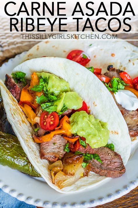 Ribeye Tacos Recipe, Ribeye Tacos, Carne Asada Tacos Recipe, Asada Tacos, Carne Asada Tacos, Steak Tacos, Best Mexican Recipes, Taco Bar, Carne Asada