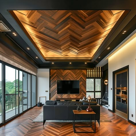 wood-beams-on-ceiling Dark Room Wood Ceiling, Loft With Wood Ceiling, Crazy Ceiling Design, Fake Ceiling Design, Herringbone Wood Ceiling, Wood Ceiling Ideas Living Room, Modern Office Ceiling, Ceiling Design For Lobby, Wood Accent Ceiling