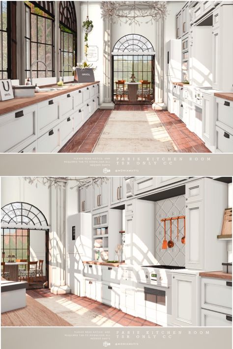 French accent Paris Kitchen in classic style in The Sims 4. Built of medium walls. This room is fully equipped. Custom Content was used. Download https://www.thesimsresource.com/downloads/1678270 www.thesimsresource.com - @thesimsresource @Moniamay72 #TS4 #ts4lots #tsr #TheSims #sims4 #thesims4 #Moniamay72 #thesims4lots #traditional #cc #sims4build #TheSimsResource #paris #french #apartment Sims Tsr Cc, Sims 4 French Kitchen, Sims 4 Cc Classic Furniture, European Sims 4 Cc, Sims 4 French Chateau, Sims 4 Paris Apartment, Ts4 Interior Cc, French Country Sims 4 Cc, Parisian Sims 4