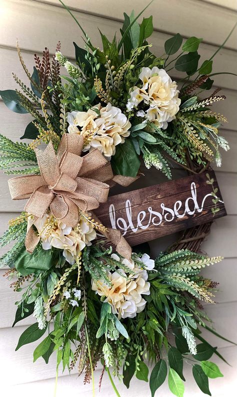 Wreaths With Hydrangeas, Year Round Wreaths For Front Door Diy, Large Front Door Wreath, Year Round Wreaths For Front Door, Magnolia Wreaths For Front Door, Wreath Ideas Year Round, Hydrangea Wreaths For Front Door, Everyday Wreaths For Front Door, Greenery Wreath Front Door