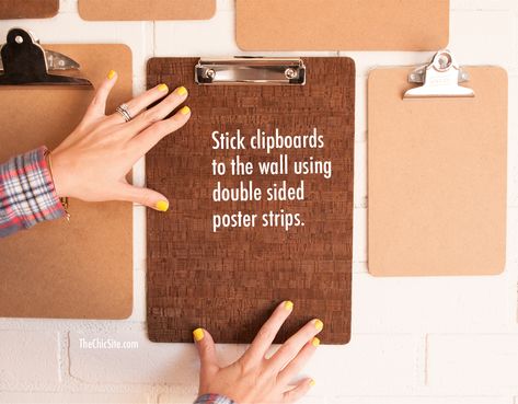 How to hang a Clipboard on the wall - Gallery Wall Clipboard Gallery Wall, Clipboard Wall, Announcement Board, Office Decor Organization, Staff Photos, Rapunzel's Tower, Clipboard Art, Cubicle Ideas, Office Gallery Wall