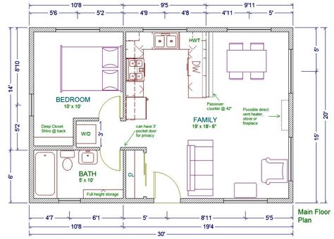 20x30 single story floor plan. One bedroom small house plan. Move the washer and dryer into the bathroom and make the bedroom closet bigger. Studio Apartment Floor Plans, 20x30 House Plans, Entryway Floor, 1 Bedroom House Plans, Guest House Plans, House Plan With Loft, 1 Bedroom House, Chicken Houses, House Plans One Story