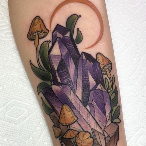 Black Crystal Tattoo, Bahamut Tattoo, Amethyst Crystal Tattoo, Witchy Sleeve, Mushroom Tattoo Ideas, Crystal Tattoos, Whimsical Tattoos, Mushroom Tattoo, Gem Tattoo